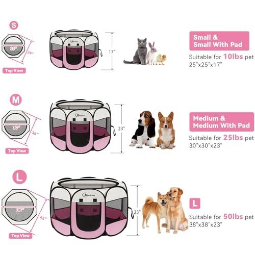 Siedihit Dog Cat Playpen Puppy Pet Playpen Indoor for Small Dog Crate Tent Cage Outdoor Portable Pop Up Dogs Enclosure Kennel with Carrying Case for DogsCatsRabbitsPink Small with pad - Image 3