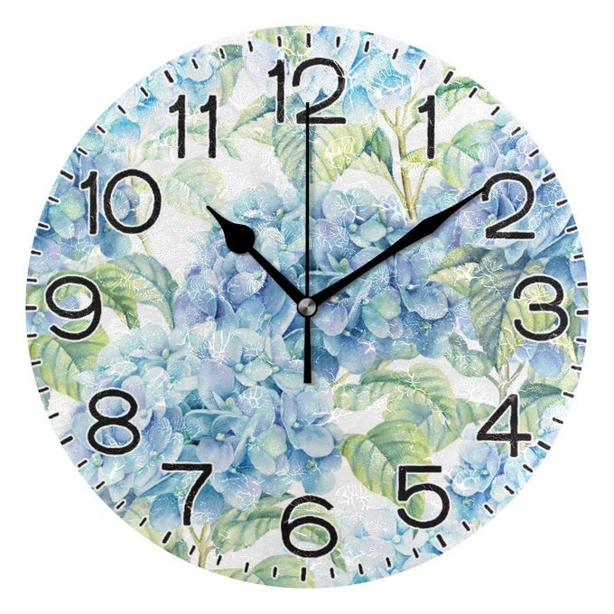 HYDRANGEA WATERCOLOR WALL CLOCK BATTERY OPERATED NON TICKING SILENT QUARTZ ANALOG RUSTIC FARMHOUSE ROUND CLOCK RETRO DECOR FOR HOME KITCHEN LIVING ROOM BATHROOM
