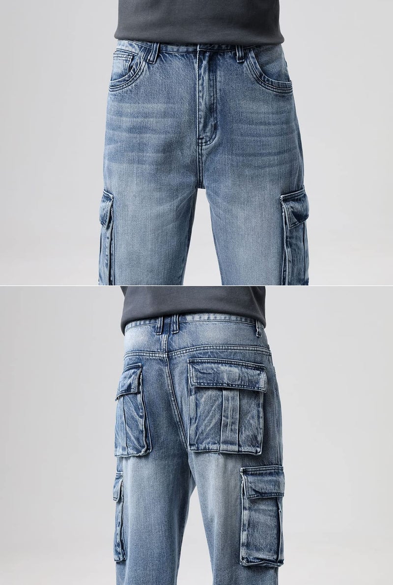 Idopy Men`s Loose Fit Motorcycle Multi-Pockets Workwear Denim Cargo Jeans Plus Size (2671 Blue, 32) - Image 5