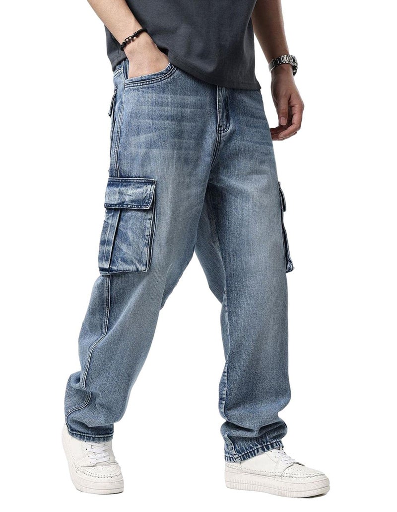 Idopy Men`s Loose Fit Motorcycle Multi-Pockets Workwear Denim Cargo Jeans Plus Size (2671 Blue, 32) - Image 1