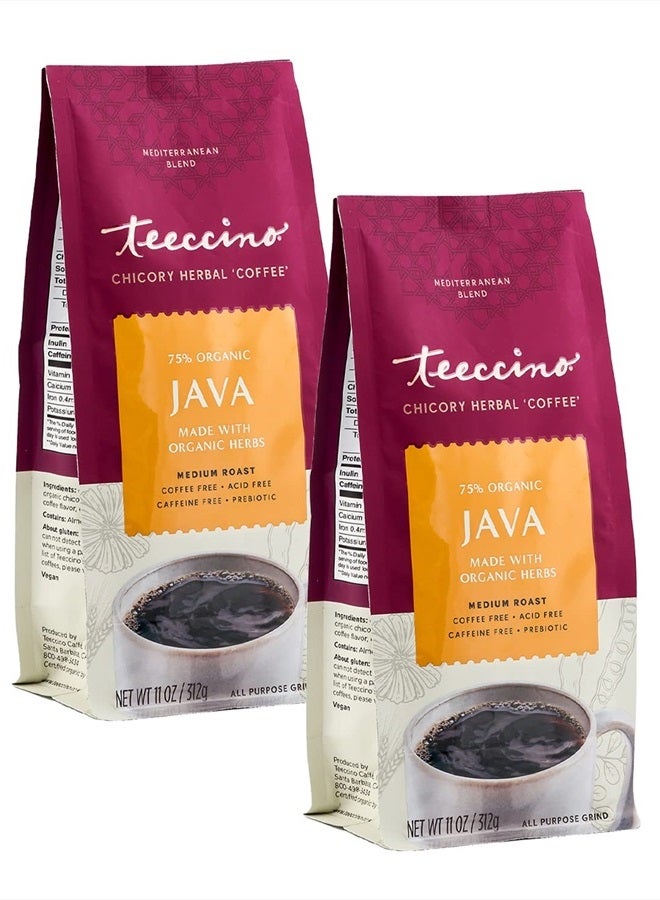 teeccino بديل قهوة الهندباء - جافا - قهوة عشبية | بديل قهوة مطحونة | بروبيوتيك | خالية من الكافيين | خالية من الحمض | تحميص متوسط، 11 أونصة (عبوة من 2) - Image 1