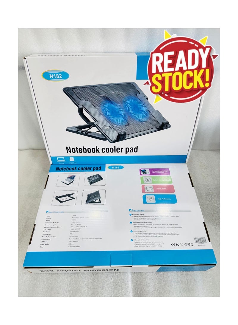 Generic N182 Dual Fan Laptop Cooling Pad with LED Lights and Adjustable Height – Powerful & Silent Cooling for Maximum Laptop Protection!  - Image 1