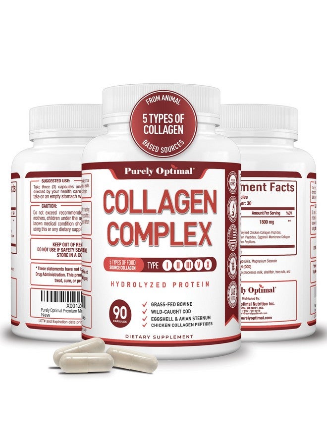 Purely Optimal Premium Multi Collagen Peptides Capsules (Types I, II, III, V, X) - Hair, Skin and Nails, Digestive & Joint Health Supplement, Hydrolyzed Collagen Pills (90 Capsules) - Image 1