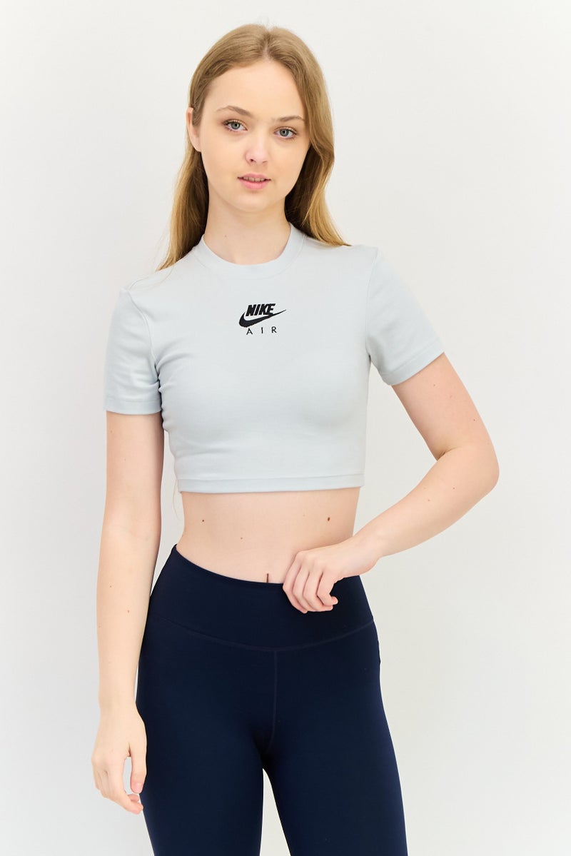 Nike Women Sportswear Fit Short Sleeve Embroidered Logo Training Top, Light Grey - Image 1