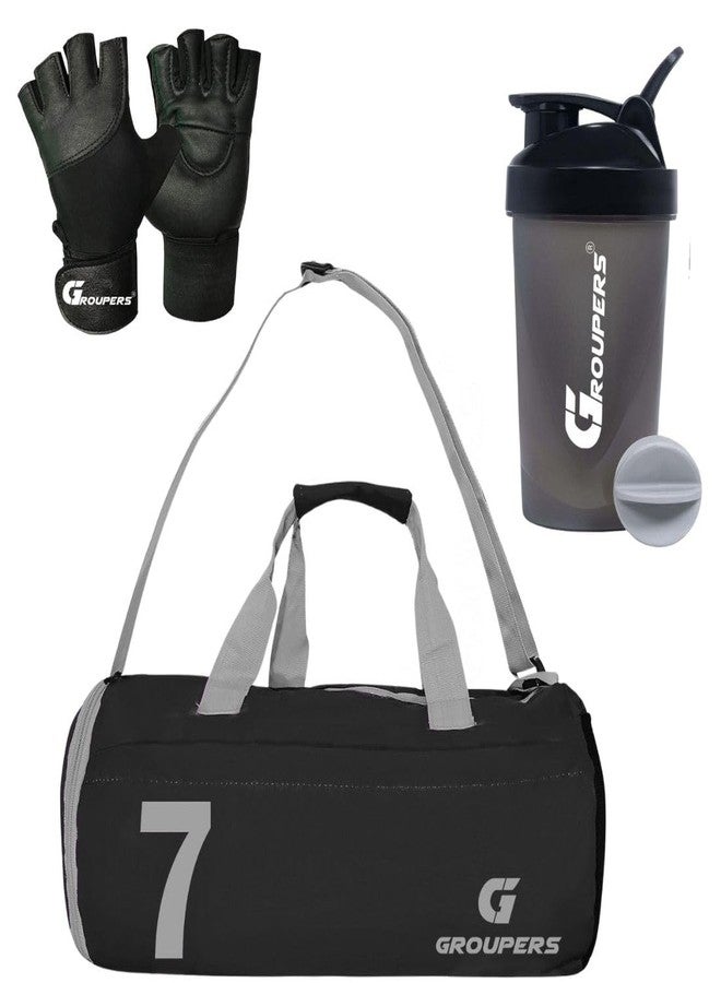 Groupers 20-25L Foldable Travel Duffle Bag - Black Gym & Weekender with Shoe Pocket (43×25×23 cm) + Workout Gloves with Wrist Support + 400ml Protein Shaker Bottle, Water-Resistant Fitness Combo - Image 1