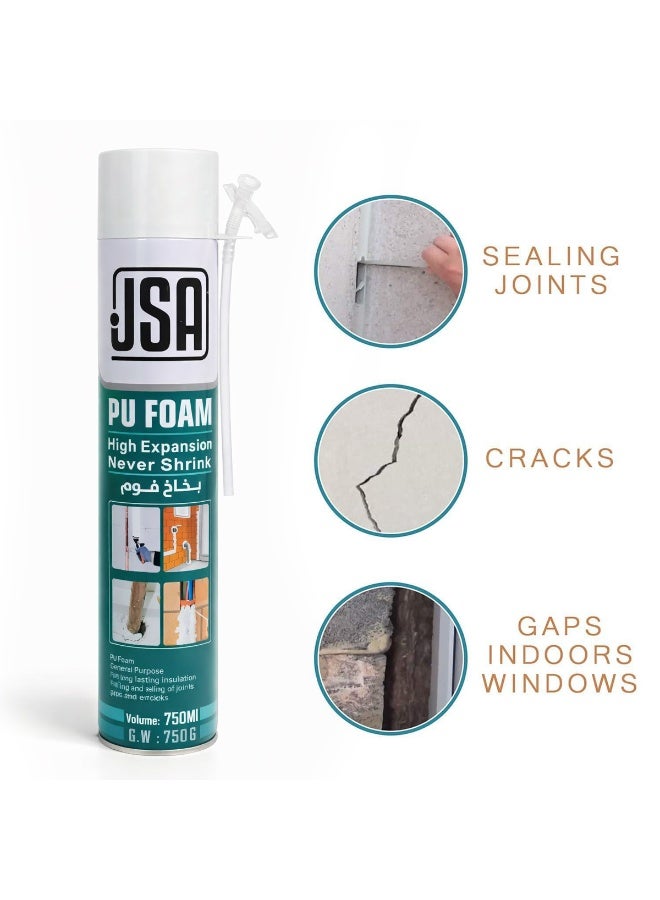 جي اس ايه بخاخ رغوة البولي يوريثان من JSA سعة 750 مل، مانع تسرب رغوي عالي التمدد، حشو رغوي عازل للفجوات والشقوق والوصلات والنوافذ والأبواب وأنابيب الأسقف والجدران، مانع تسرب رغوي مقاوم للماء وعازل للصوت مع أنبوب تطبيق - Image 3