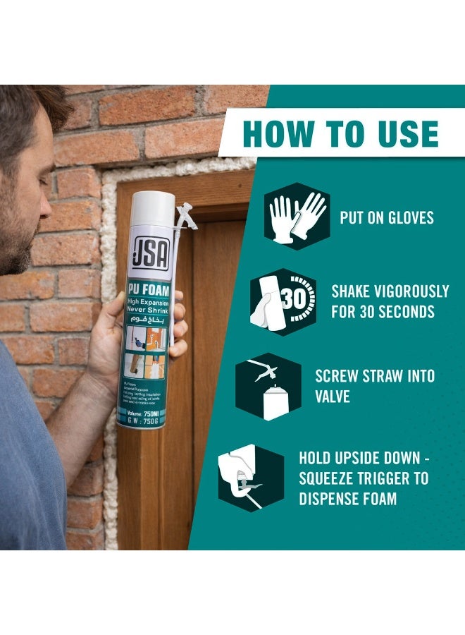 جي اس ايه بخاخ رغوة البولي يوريثان من JSA سعة 750 مل، مانع تسرب رغوي عالي التمدد، حشو رغوي عازل للفجوات والشقوق والوصلات والنوافذ والأبواب وأنابيب الأسقف والجدران، مانع تسرب رغوي مقاوم للماء وعازل للصوت مع أنبوب تطبيق - Image 2