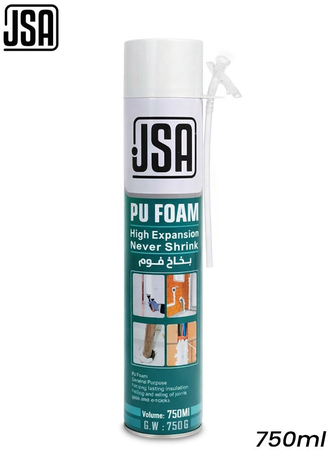 جي اس ايه بخاخ رغوة البولي يوريثان من JSA سعة 750 مل، مانع تسرب رغوي عالي التمدد، حشو رغوي عازل للفجوات والشقوق والوصلات والنوافذ والأبواب وأنابيب الأسقف والجدران، مانع تسرب رغوي مقاوم للماء وعازل للصوت مع أنبوب تطبيق - Image 1