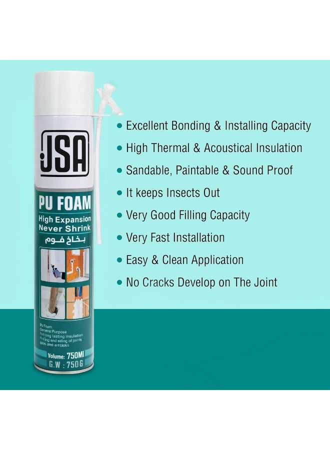 جي اس ايه بخاخ رغوة البولي يوريثان من JSA سعة 750 مل، مانع تسرب رغوي عالي التمدد، حشو رغوي عازل للفجوات والشقوق والوصلات والنوافذ والأبواب وأنابيب الأسقف والجدران، مانع تسرب رغوي مقاوم للماء وعازل للصوت مع أنبوب تطبيق - Image 4