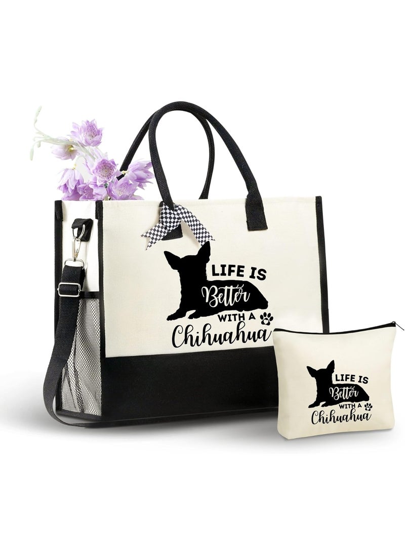 INNObeta InnoBeta Chihuahua Gifts for Women Canvas Tote Bag Chihuahua Dog Mom Bag with Top Zipper Closure and Shoulder Strap for Birthday Christmas  Life is Better with a Chihuahua  - Image 1