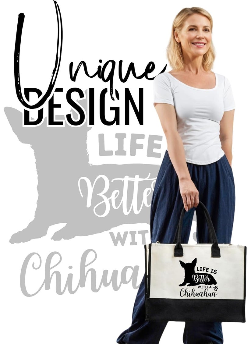 INNObeta InnoBeta Chihuahua Gifts for Women Canvas Tote Bag Chihuahua Dog Mom Bag with Top Zipper Closure and Shoulder Strap for Birthday Christmas  Life is Better with a Chihuahua  - Image 2