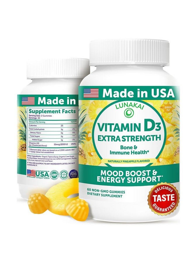 Lunakai USA Made Vitamin D3 Gummies 2000 IU - Non-GMO, Gluten-Free Vitamin D Gummies for Women & Men - Bone, Immune & Energy Support, 60ct - Image 1