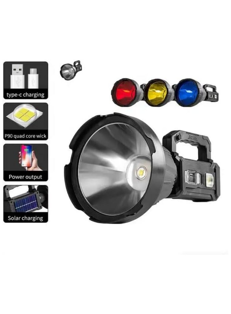 Multifunctional rechargeable handheld spotlight with solar or electric power and USB output, blue, red and yellow filter.  - Image 1