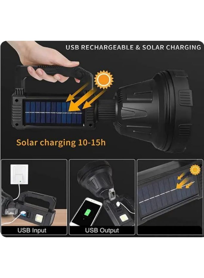Multifunctional rechargeable handheld spotlight with solar or electric power and USB output, blue, red and yellow filter.  - Image 3