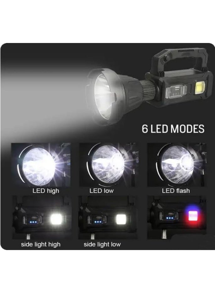 Multifunctional rechargeable handheld spotlight with solar or electric power and USB output, blue, red and yellow filter.  - Image 4