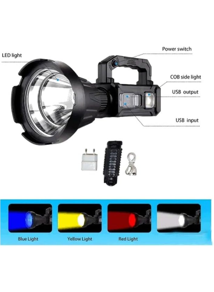 Multifunctional rechargeable handheld spotlight with solar or electric power and USB output, blue, red and yellow filter.  - Image 5