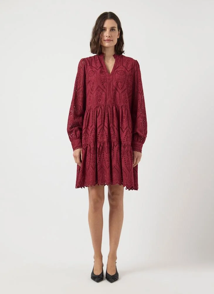 Collar Neck Open Work Tiered Dress