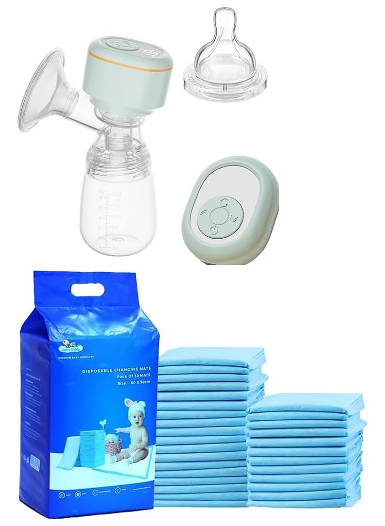 لطف وحضن مضخة ثدي كهربائية – قابلة للارتداء، بدون استخدام اليدين وقابلة لإعادة الشحن، مع شفط هادئ وخالٍ من الألم، محمولة وخالية من مادة BPA. مرفقة مع فوط تغيير أطفال Cute 'n' Cuddle (عبوة 150، مقاس 60×90 سم، باللون الأزرق) – ناعمة، فائقة الامتصاص ومقاومة للماء. - Image 1