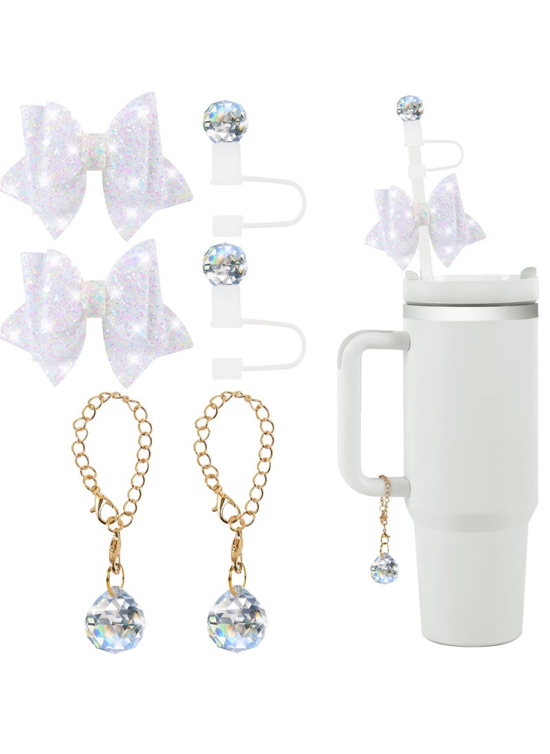 JOSQUEWNN White Bling Straw Cover for Stanley Cup Accessories, Sparkling Crystal Toppers, Cute Bow Ties and Crystal Prism Chain Charms for 30 Or 40 0z Tumbler with Handle,10mm 0.4in Straw Lid Cap  - Image 1