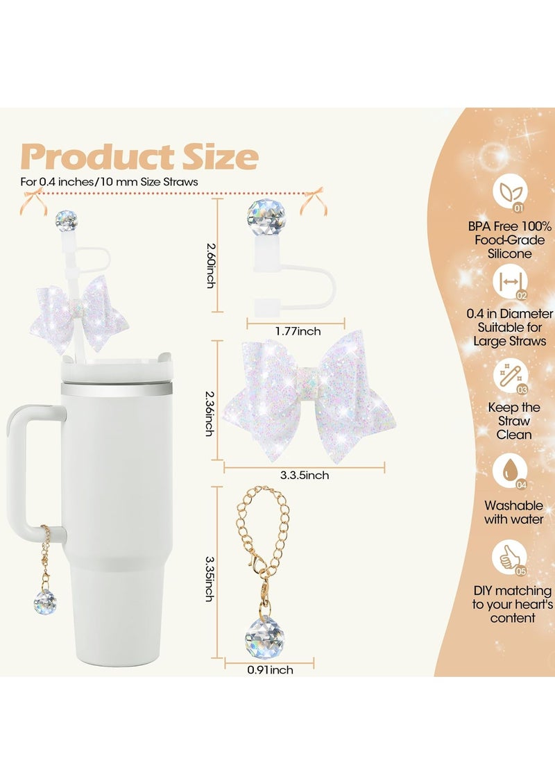 JOSQUEWNN White Bling Straw Cover for Stanley Cup Accessories, Sparkling Crystal Toppers, Cute Bow Ties and Crystal Prism Chain Charms for 30 Or 40 0z Tumbler with Handle,10mm 0.4in Straw Lid Cap  - Image 2