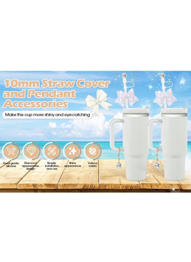 JOSQUEWNN White Bling Straw Cover for Stanley Cup Accessories, Sparkling Crystal Toppers, Cute Bow Ties and Crystal Prism Chain Charms for 30 Or 40 0z Tumbler with Handle,10mm 0.4in Straw Lid Cap  - Image 5