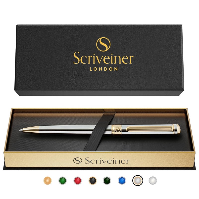 Scriveiner Silver Chrome Ballpoint Pen – Stunning Award-Winning Luxury Pen, Schmidt Black Refill, Best Ball Pen Gift Set for Men & Women, Professional Executive Office, Nice Fancy Designer Pens - Image 1