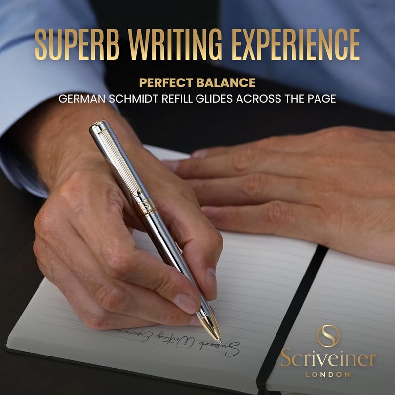 Scriveiner Silver Chrome Ballpoint Pen – Stunning Award-Winning Luxury Pen, Schmidt Black Refill, Best Ball Pen Gift Set for Men & Women, Professional Executive Office, Nice Fancy Designer Pens - Image 4