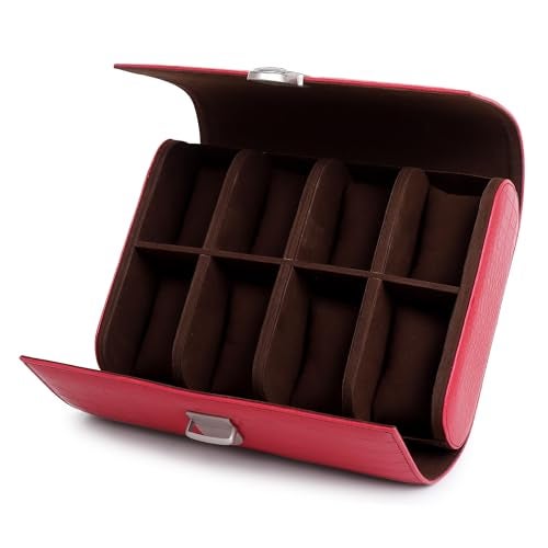 essart Premium 8 Slot Watch Roll Case with Safe Lock | PU Leather Travel Watch Organizer | Luxury Watch Storage Box for Men & Women with Croco-Maroon Colour - Image 2