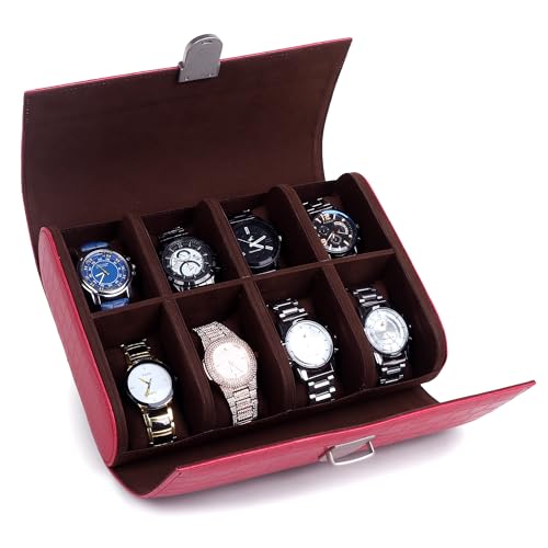 essart Premium 8 Slot Watch Roll Case with Safe Lock | PU Leather Travel Watch Organizer | Luxury Watch Storage Box for Men & Women with Croco-Maroon Colour - Image 1
