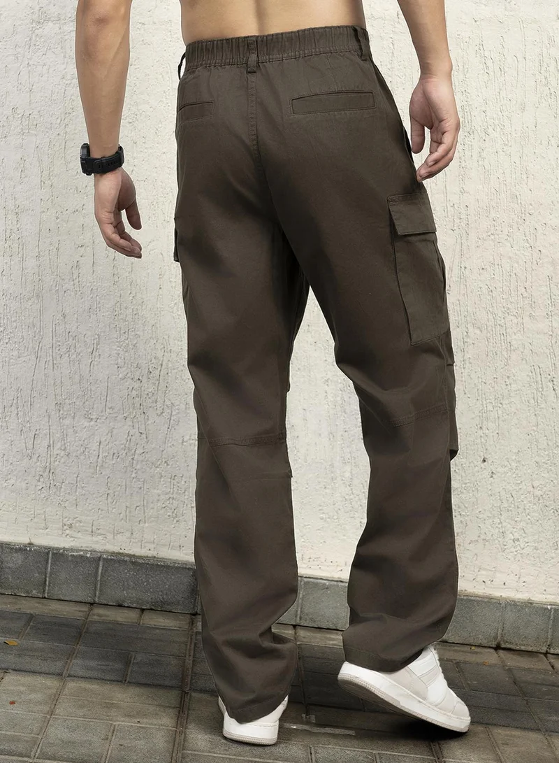 Hubberholme Men's Dark Olive Cotton Blend Solid Pattern Full Length Cargo Relaxed Trouser