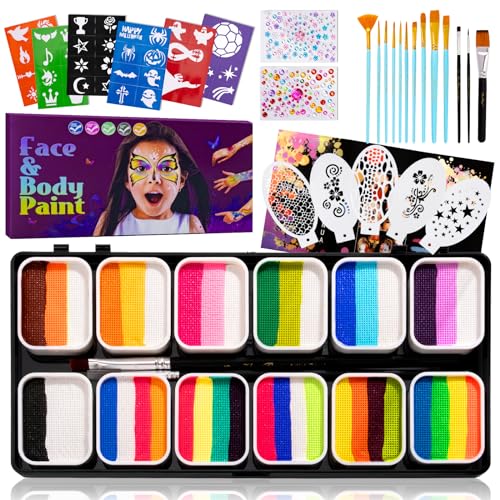 UDUOLER Face Paint Kit-12 Split Cake Palettes Face Painting Kit Professional with Stencils For Kids Adults, Rainbow Non Toxic Water Activated Facepaint Makeup Kit with Brush Set for Party,Halloween,Christmas - Image 1