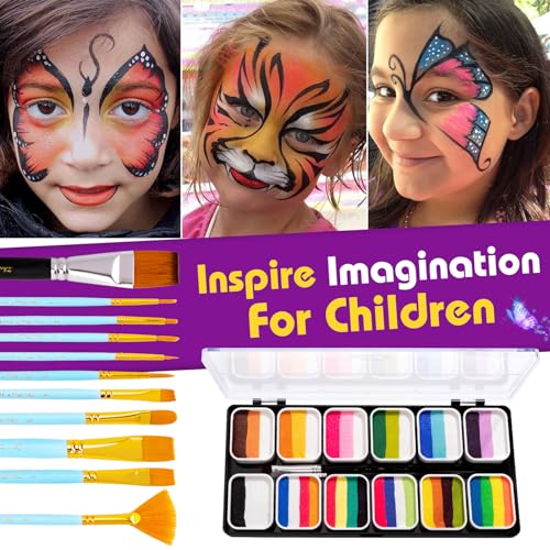 UDUOLER Face Paint Kit-12 Split Cake Palettes Face Painting Kit Professional with Stencils For Kids Adults, Rainbow Non Toxic Water Activated Facepaint Makeup Kit with Brush Set for Party,Halloween,Christmas - Image 2