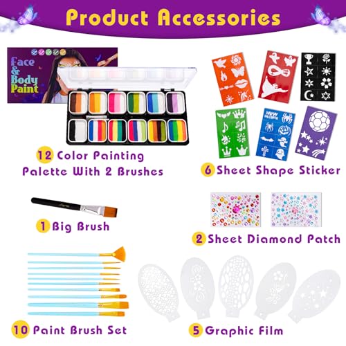 UDUOLER Face Paint Kit-12 Split Cake Palettes Face Painting Kit Professional with Stencils For Kids Adults, Rainbow Non Toxic Water Activated Facepaint Makeup Kit with Brush Set for Party,Halloween,Christmas - Image 4