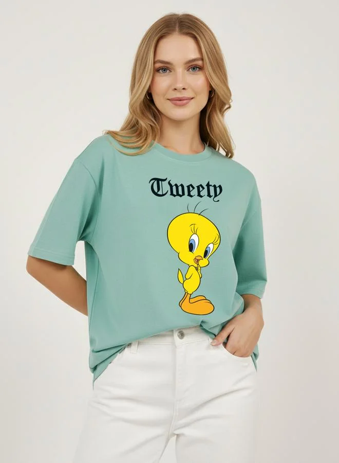 لوني تونز تيشيرت عصري بياقة مستديرة وطبعة جرافيك
