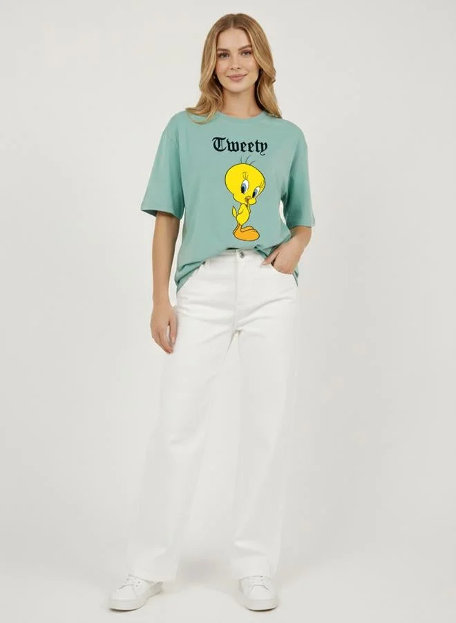 لوني تونز تيشيرت عصري بياقة مستديرة وطبعة جرافيك