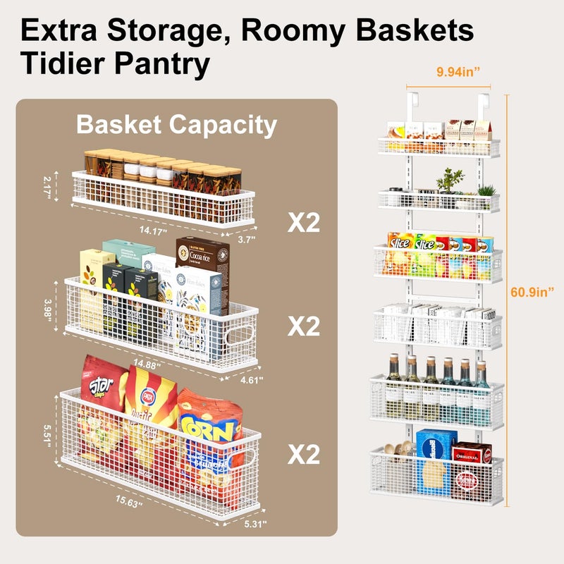 Bunoxea 6-Tier Over The Door Pantry Organizer,Hanging Spice Rack,Over Door Adjustable Basket with Handle,Pantry Organization And Storage, Laundry Room,Bathroom,Large Capacity,D5.3xW15.7xH60.9in - Image 5