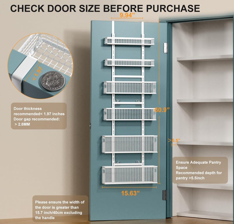 Bunoxea 6-Tier Over The Door Pantry Organizer,Hanging Spice Rack,Over Door Adjustable Basket with Handle,Pantry Organization And Storage, Laundry Room,Bathroom,Large Capacity,D5.3xW15.7xH60.9in - Image 2