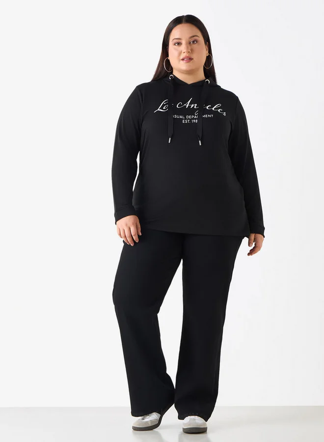 Ulla Popken Plus Size Ulla Popken Typographic Print Sweatshirt with Drawstring Closure