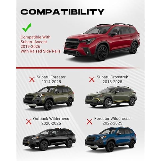 rayihni Roof Rack Cross Bars Fit for Subaru Ascent 2019-2026 with Raised Side Rails, Luggage Crossbars Cargo Bag Carrier Aluminum Rooftop Set - Image 3