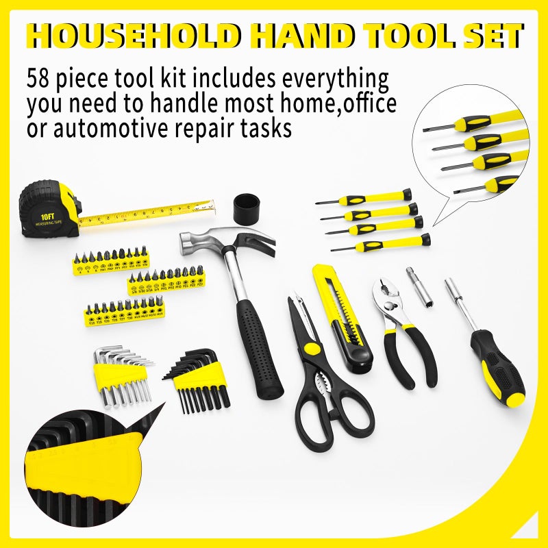 GETFOO 58-Piece Tool Kit Basic Home Repair Tool Set, General Household Hand Tool Kit,Small Tool Kit with Plastic Toolbox Mini Tool kit for Women, Office & College Repairs Yellow - Image 2