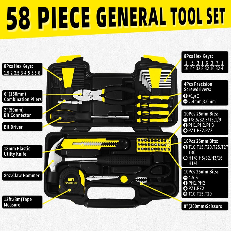 GETFOO 58-Piece Tool Kit Basic Home Repair Tool Set, General Household Hand Tool Kit,Small Tool Kit with Plastic Toolbox Mini Tool kit for Women, Office & College Repairs Yellow - Image 3