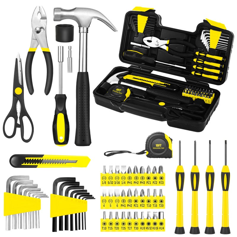 GETFOO 58-Piece Tool Kit Basic Home Repair Tool Set, General Household Hand Tool Kit,Small Tool Kit with Plastic Toolbox Mini Tool kit for Women, Office & College Repairs Yellow - Image 1