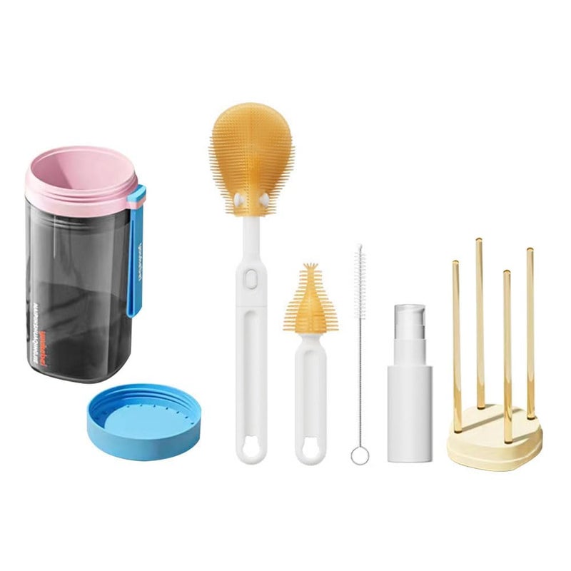 JZS Travel Baby Bottle Brush Set, Baby Bottle Cleaning Set with Portable Drying Rack, Silicone Bottle Brush, Nipple Brush, Straw Brush, Soap Dispenser, Gift for New Moms - Image 1