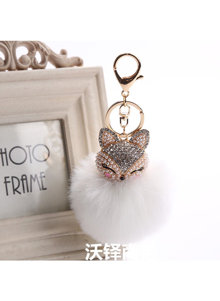 Generic Plush Fox Keychain, Rhinestone Fur Ball Pendant White 