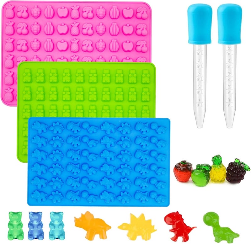 Apiocmy 3Pcs Gummy Candy Molds for Kids - Silicone Mini Gummy Bear/Dinosaur/Fruit Snack Molds with 2Pcs Dropper,Non-stick and Bpa Free for Candy Chocolate Gummies Baking - Image 1