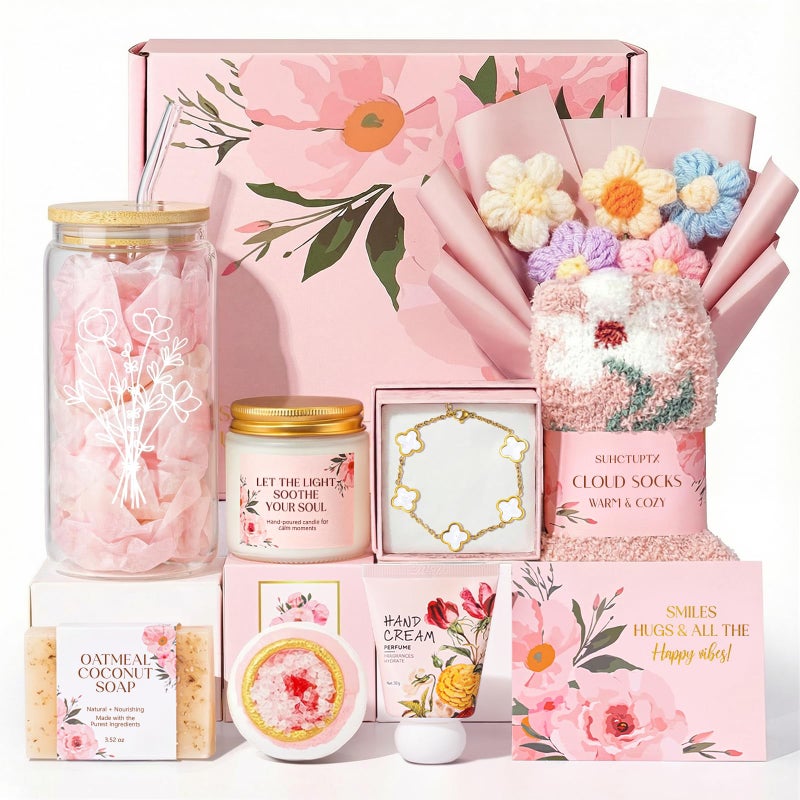 Suhctuptx Gifts for Women, 9pcs Happy Birthday Gifts for Women, Christmas Ideas Mothers Day Gift Baskets Unique Rose Self Care Set Valentines Day Gift for Her Mom Sister Wife Friend Friendship Teacher - Image 1