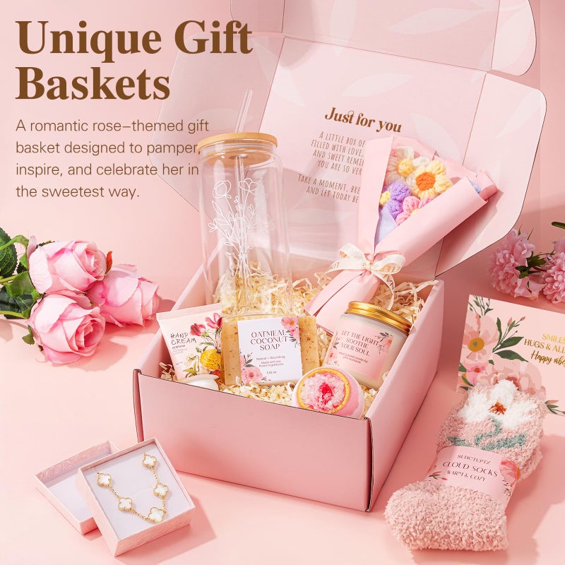 Suhctuptx Gifts for Women, 9pcs Happy Birthday Gifts for Women, Christmas Ideas Mothers Day Gift Baskets Unique Rose Self Care Set Valentines Day Gift for Her Mom Sister Wife Friend Friendship Teacher - Image 2