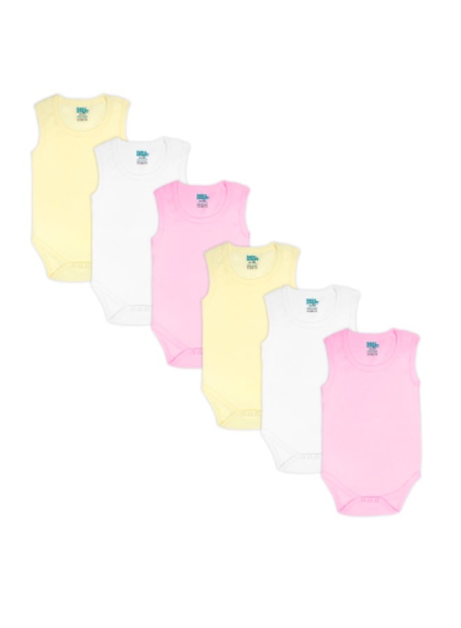 Babies Basic 100% Super Combed Cotton, Sleeveless Romper/Bodysuit, For New Born To 24Months, Set Of 6 - Pink, Lemon, Cream  - Image 1