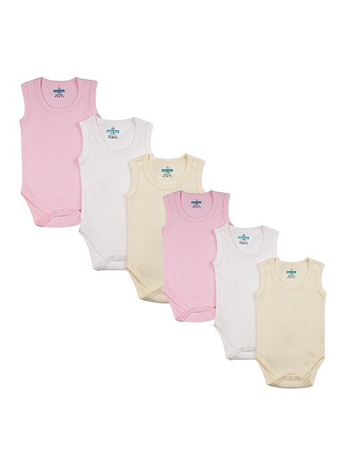 100% Super Combed Cotton, Sleeveless Romper/Bodysuit, For New Born To 24Months, Set Of 6 - Pink, Lemon, Cream