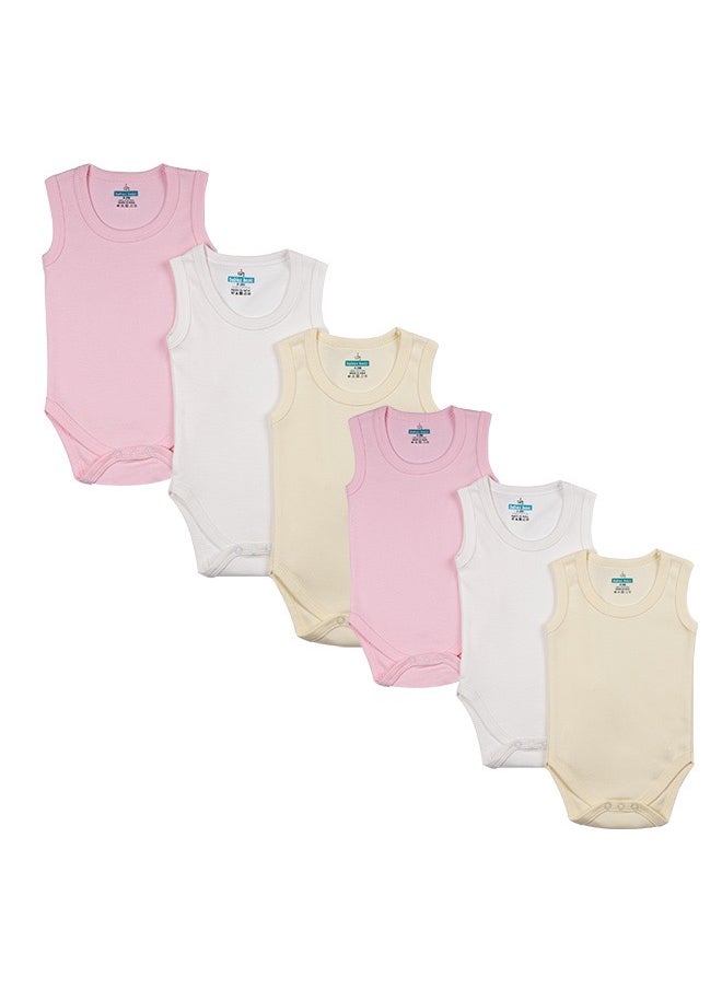 Babies Basic - 100% Super Combed Cotton, Sleeveless Romper/Bodysuit, For New Born To 24Months, Set Of 6 - Pink, Lemon, Cream - Image 1